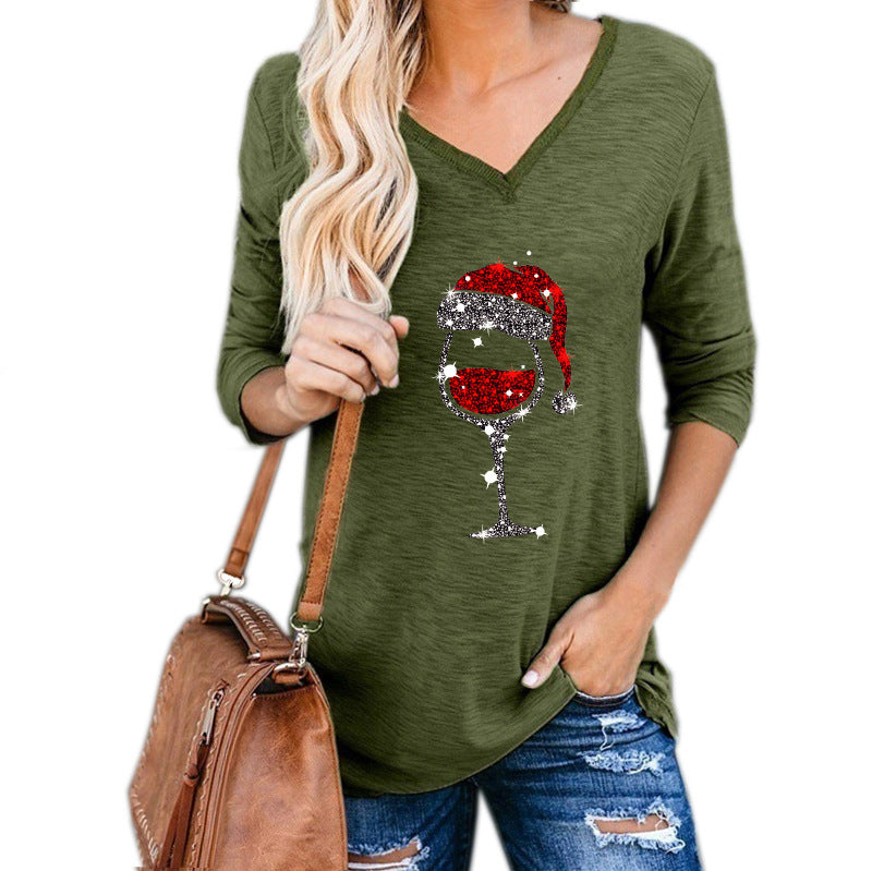 Christmas Wine Glass Print Blouse