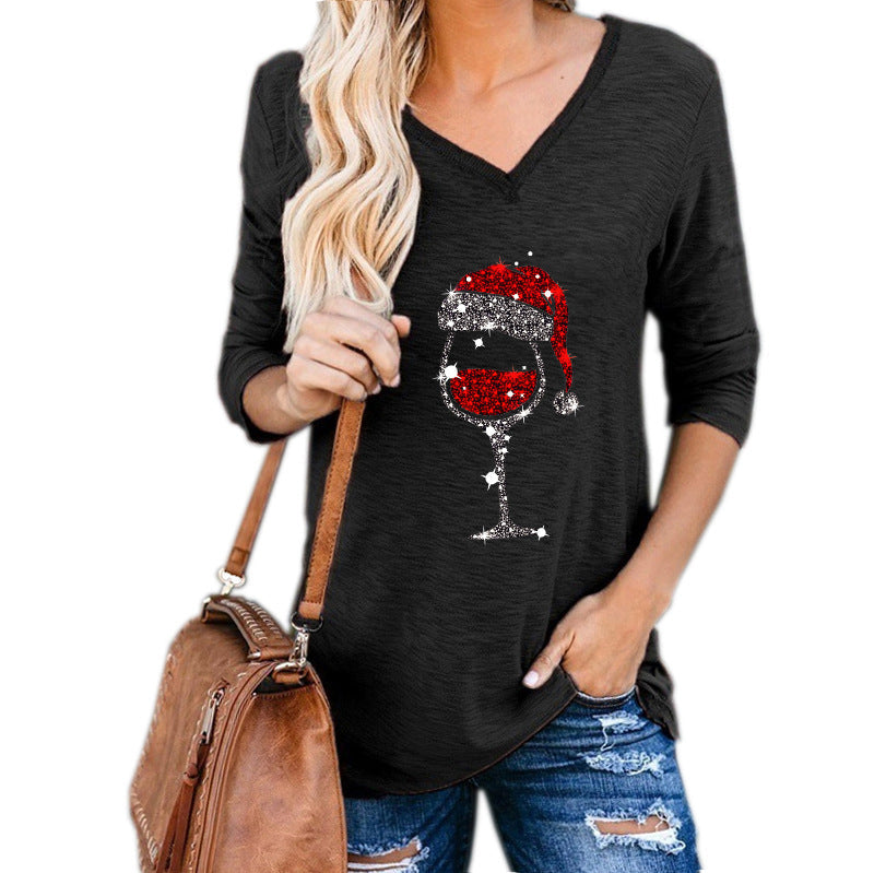 Christmas Wine Glass Print Blouse