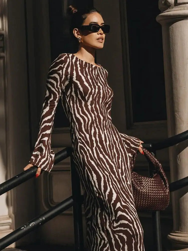 Floral Zebra Print Long Sleeve Maxi Dress