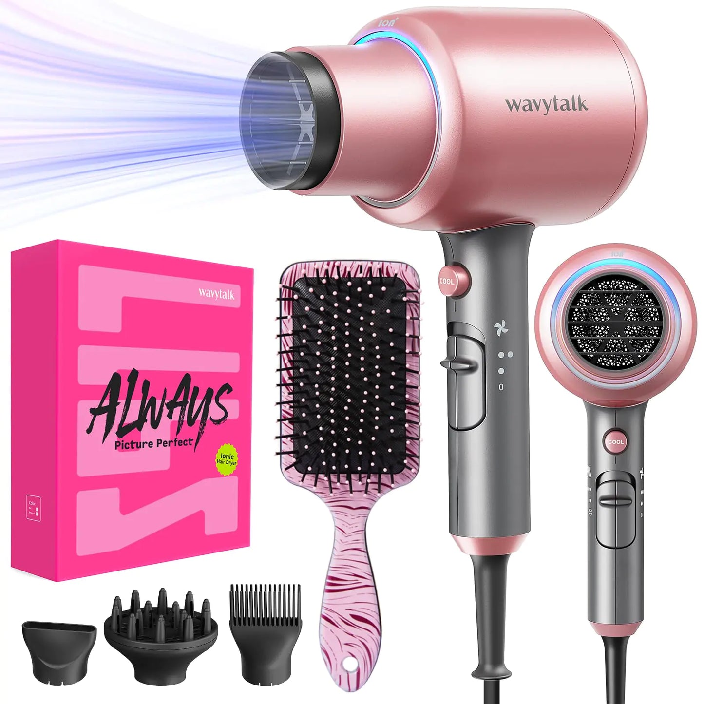 Wavytalk Ionic Hair Dryer Blow Dryer with Diffuser Concentrator Nozzles Comb and Brush Negative Ions with Ceramic Technology as Salon Light and Quiet 1875W for All Hair Types Textured Rose Gold (Classic+hair Clip+holder)