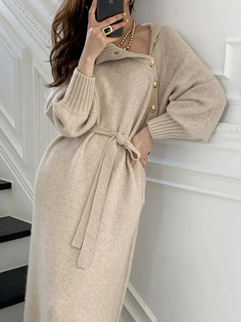 Vintage Turtleneck Buttons Long Dress