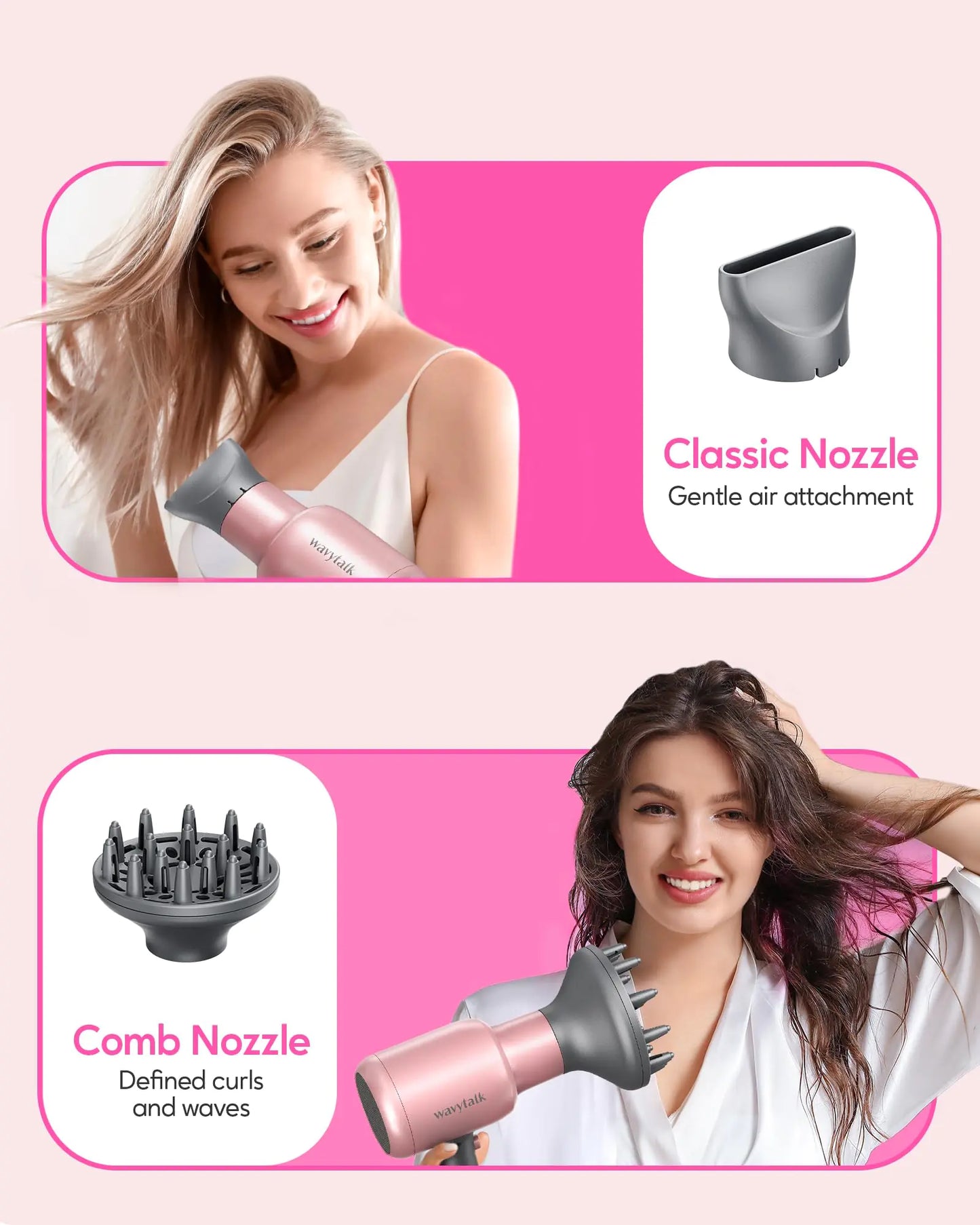 Wavytalk Ionic Hair Dryer Blow Dryer with Diffuser Concentrator Nozzles Comb and Brush Negative Ions with Ceramic Technology as Salon Light and Quiet 1875W for All Hair Types Textured Rose Gold (Classic+hair Clip+holder)