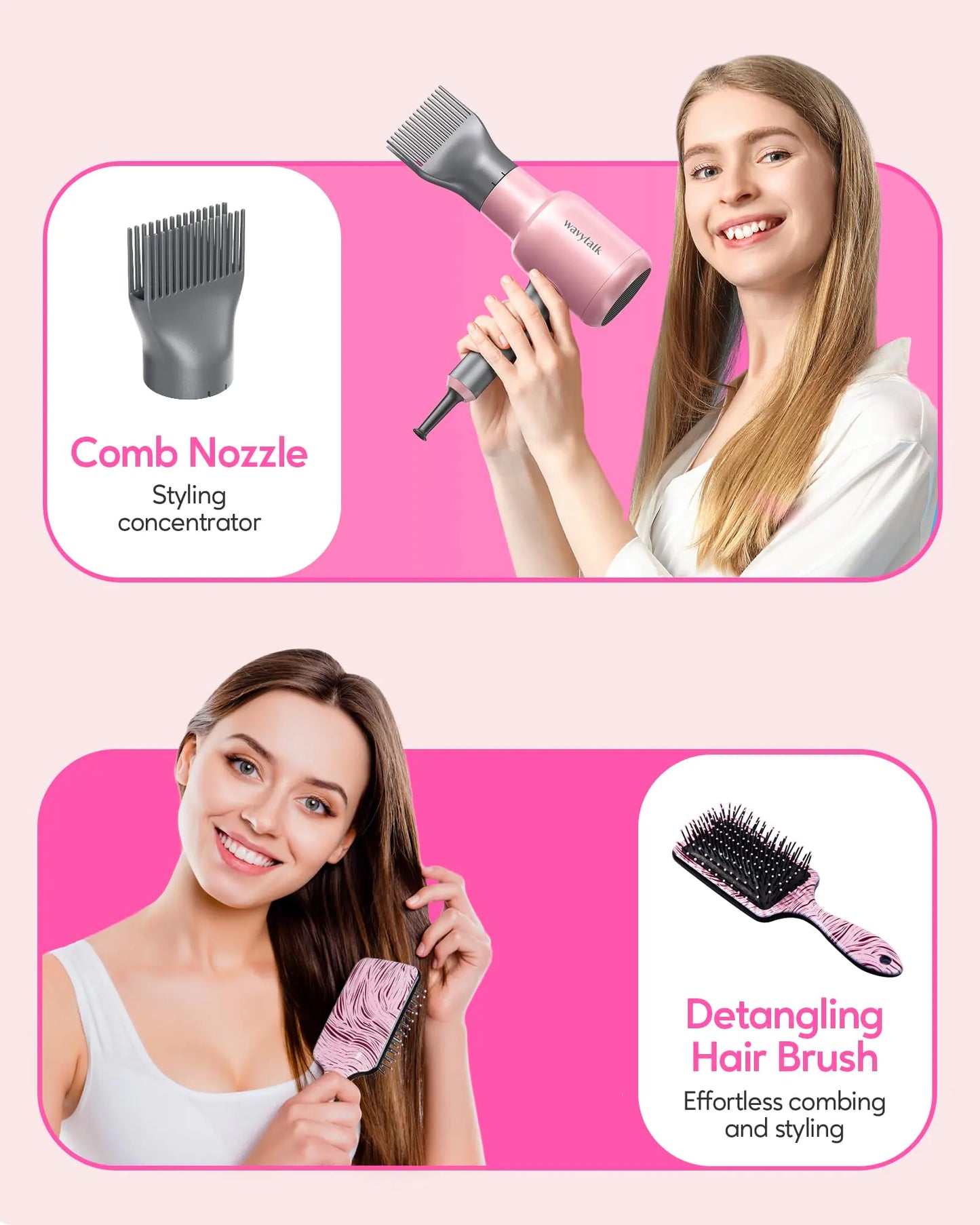 Wavytalk Ionic Hair Dryer Blow Dryer with Diffuser Concentrator Nozzles Comb and Brush Negative Ions with Ceramic Technology as Salon Light and Quiet 1875W for All Hair Types Textured Rose Gold (Classic+hair Clip+holder)