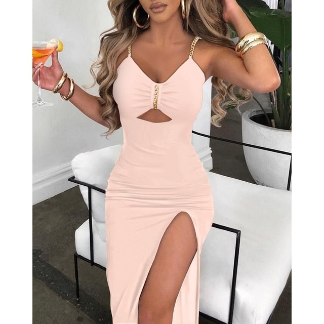 V-Neck Chain Décor Cutout High Slit Dress