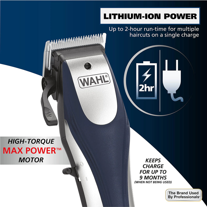 Wahl Lithium Ion Pro Rechargeable Cordless Hair Clippers for Men, Woman, & Children with Smart Charge Technology for Convenient at Home Haircutting - Model 79470 Sliver 22 Piece Set