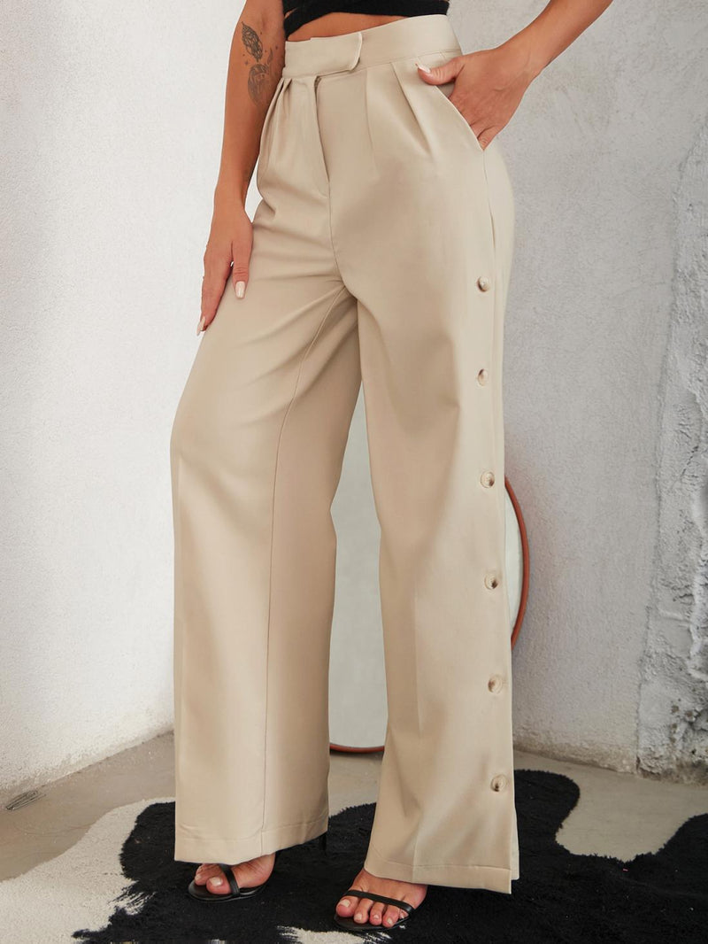 Side Button Pleated Wide Leg Pants