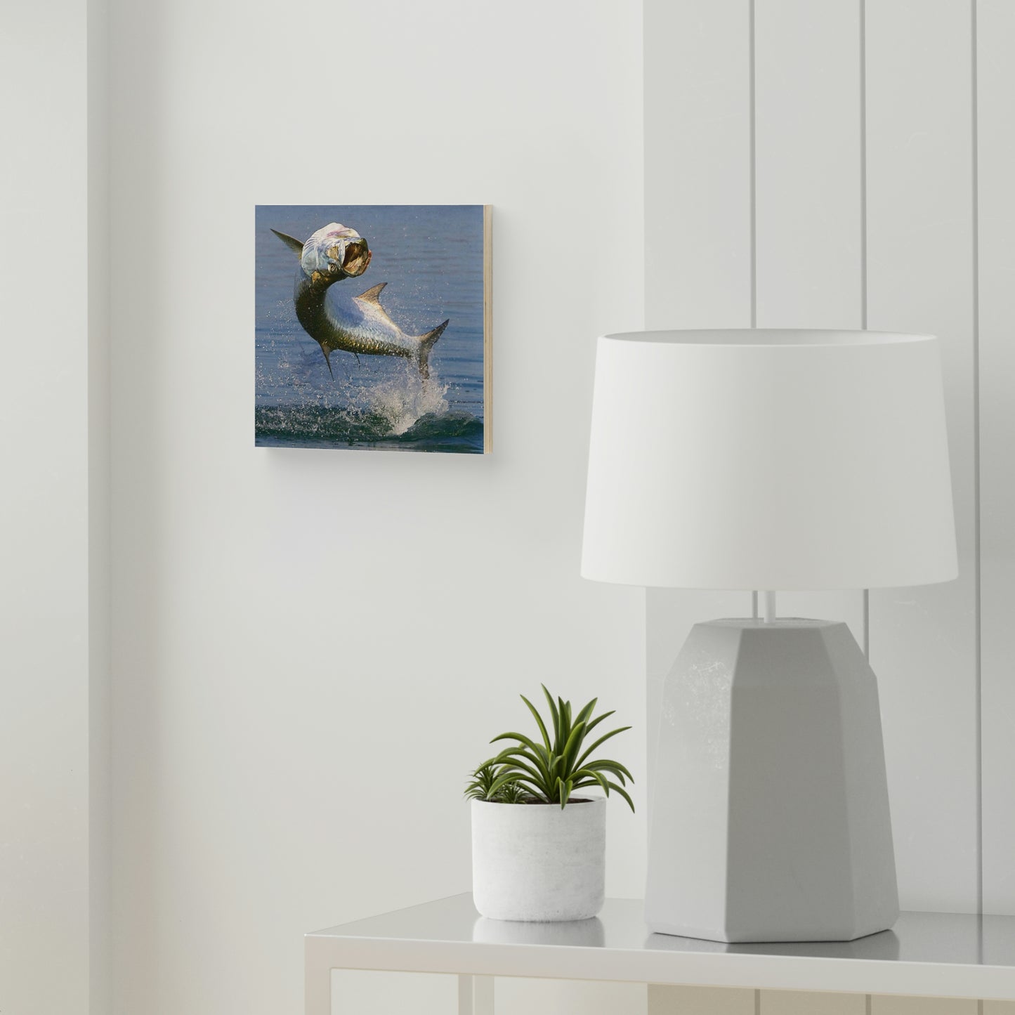 Beautiful Tarpon Fish Jumping on wood canvas